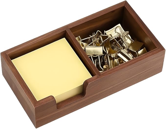 MultiBey Walnut Sticky Note Holder for Desk - 2-in-1 Organizer with Paper Clip Tray & 3x3 Post It Dispenser, Wood Self Stick Memo Pad Holder Dispenser Supplies Organizer for Office Home Schools