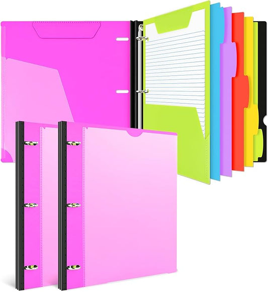 INFUN All-in-one Telescoping Binder Notebook- 2PCS, Refillable 3 Ring Notebook Binder with 1 Plastic Movable Pocket Folder,5 Plastic Subject dividers and Graph Paper and College Ruled Paper- Pink