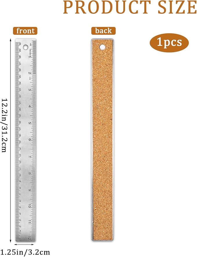 Stainless Steel 12 Inch Metal Ruler with Cork Backing - Non Slip Straight Edge Ruler with Inch and Centimeters for Students