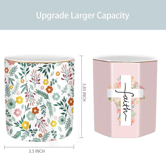 Desk Pen and Pencil Holder, Ceramic Multifunctional Organizer for Home, Office, and School, Green Floral Pattern