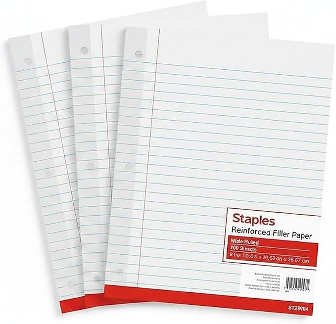 Staples Wide Ruled Filler Paper, 8" x 10.5", White, 100 Sheets/Pack, 3/Pack