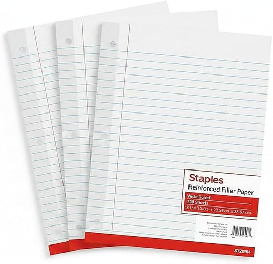 Staples Wide Ruled Filler Paper, 8" x 10.5", White, 100 Sheets/Pack, 3/Pack