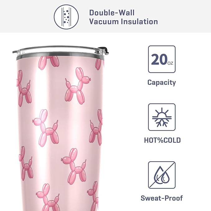 Balloon Dogs Pink 20oz Tumbler with Lid and Straw Travel Coffee Cup Mug Insulated Tumblers Drinking Mugs Water Bottle Cups Stainless Steel Cup Tea Mug