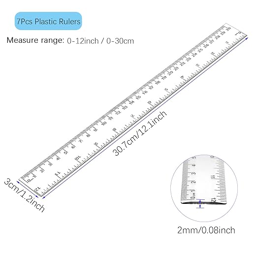 【Individually Wrapped】- 7 Pack Clear Plastic Ruler 12 inch, Transparent Straight Ruler with Metric and Inches, Drawing Ruler Set, Kids Rulers Bulk for Student Classroom School Office Home Supplies