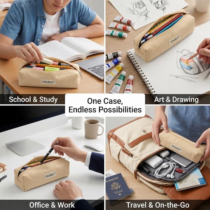 Canvas Pencil Case Pouch – Multipurpose Pen Bag Stationery Beige | Heavy-duty canvas, smooth alloy zipper, cute organizer for girls and boys, ideal for stationery, cosmetics, tech gear