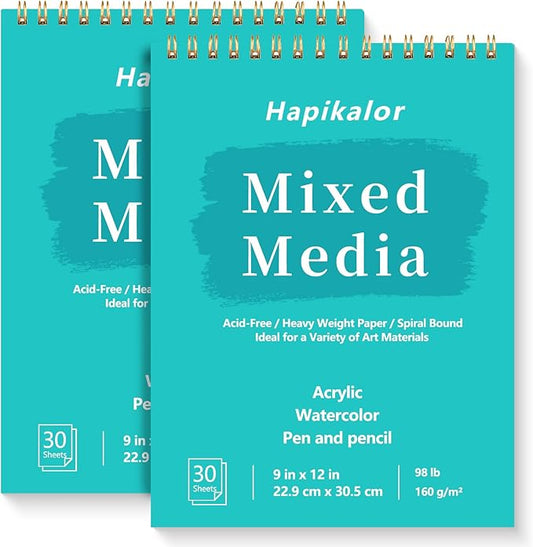 Sketch Book Mixed Media Pad, 2-Pack 9" x 12" Top Spiral Bound Sketch Pad, 30 Sheets 98lb/160gsm Acid-Free Drawing Paper, Art Supplies Sketchbook for Drawing, Sketching