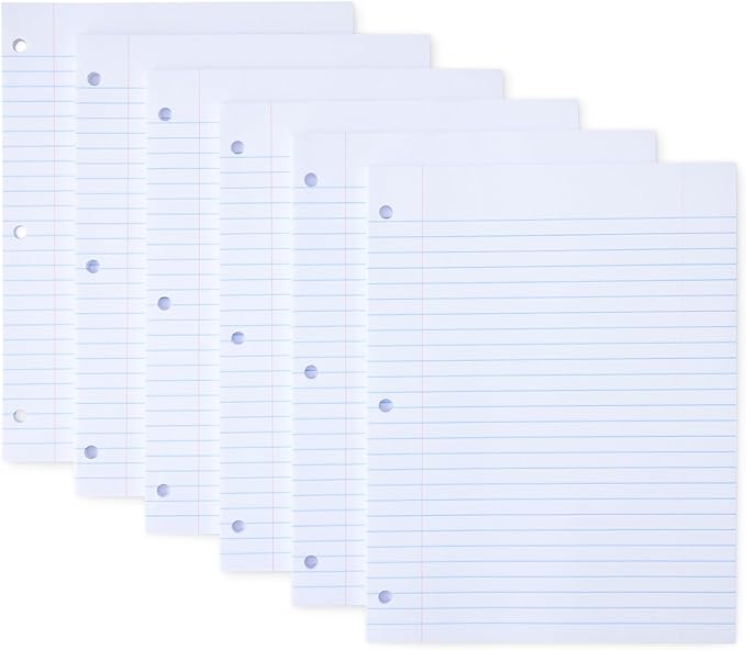 Amazon Basics Wide Ruled Loose Leaf Paper, 10.5" x 8", 100 Sheets, White, 6-Pack