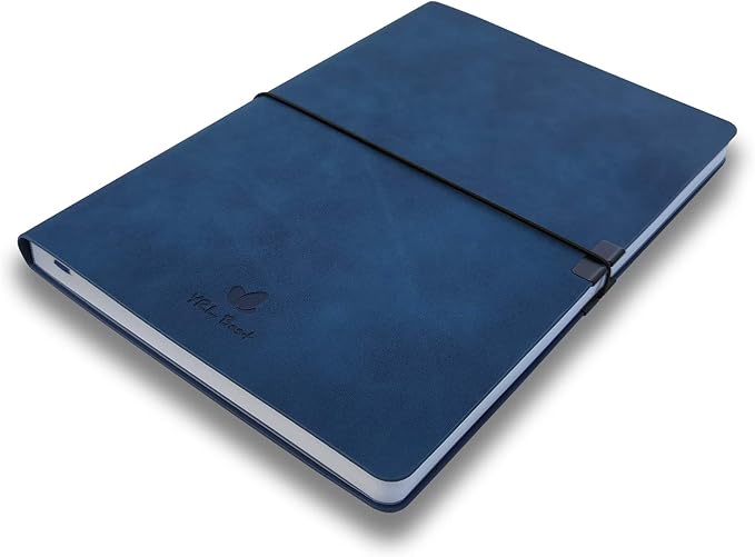 Softcover Bullet Notebook Journal, Dotted/Dot Grid, A5, 5.8x8.3 Inches, Premium Faux Leather, Creamy Thick Paper, Sewn Bound, Elastic Band, Inner Pocket, Pen Loop, Lays Flat, Navy Blue