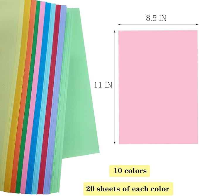 Colored Paper 8.5 x 11 Assorted Colored Copy Printer Paper, 10 Colors 20Ib Lightweight Colored Construction Paper for Cutting DIY Art Painting Drawing Origami Craft School Office Supplie