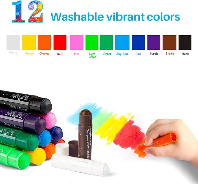 MayMoi Tempera Paint Sticks - 12 Bright Colors, Quick Drying, Easy to Color and Washable Crayons for Teens and Students