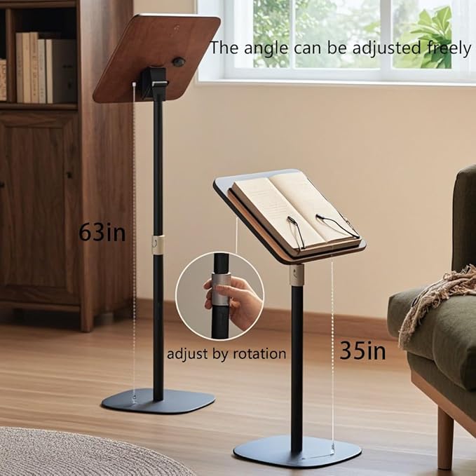 Adjustable Standing Book Stand,Book Reading Stands,Wood Music Sheet，Podium& Bible& Cookbooks Display Stands.Goodbye to Head Down Fatigue Adjustable Viewing Angle (Black, 63in)