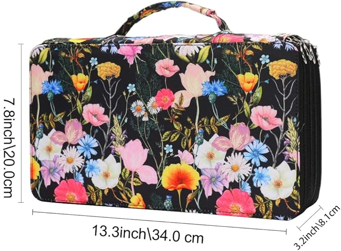 Vomgomfom 300 Slots Marker Bag, 4-Layer Zipper Portable Art Supply Organizer, PU Leather Large Capacity Marker Case Holds 100 Markers or 300 Colored Pencils with Handle (Black Flower)