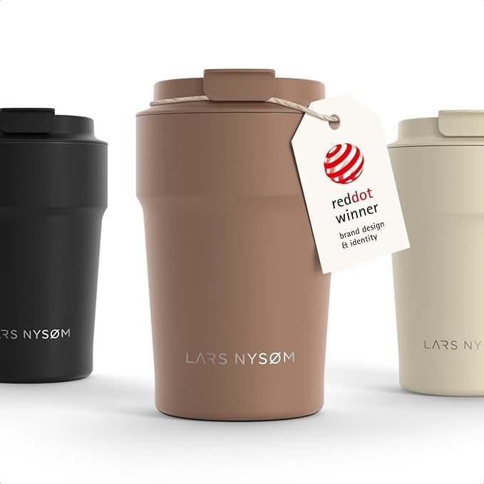 LARS NYSØM Thermo Coffee Mug to go 13oz | Travel Mug 0.38 Liter with Insulation | Silicone grip base | Leak Proof Stainless Steel Tumbler for Coffee and Tea on the Go (Powder Mocha Brown, 13oz)