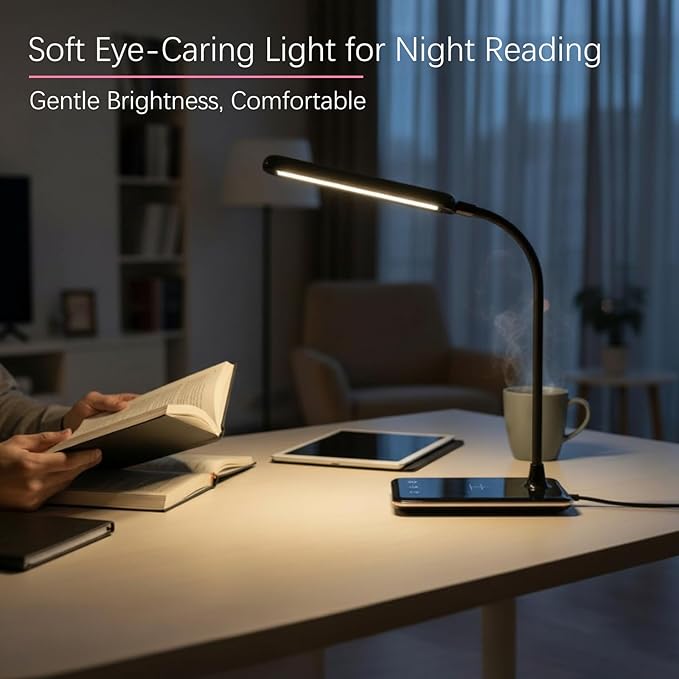 LED Desk Lamp with 10W Fast Wireless Charger, Touch Stepless Dimming Eye-Care Study Light with 3 Color Modes & Flexible Neck, Reading Lamp for Students, Bedroom & Home Office