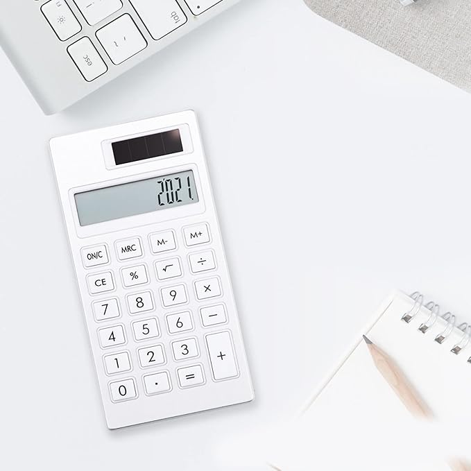 HEEPDD 12 Digit Solar Desktop Calculator, White Basic Standard Calculator with Elastic Rubber Buttons and Lightweight Design for Office School Business Use (White)
