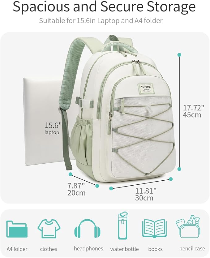 Teen Backpack for Girls, Women Bookbag for College Students Middle High School, Aesthetic Schoolbag Back Pack, White Green