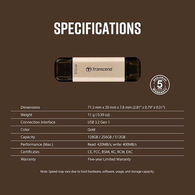 Transcend JF930 128GB Dual USB C Flash Drive for iPhone/iPad/Mac/Windows, Android/Tablet/PC/Gaming Console, Photo Stick Up to 420MB/s, USB 3.2 Thumb Drive, Memory Stick with 2-in-1 Type C &Type A