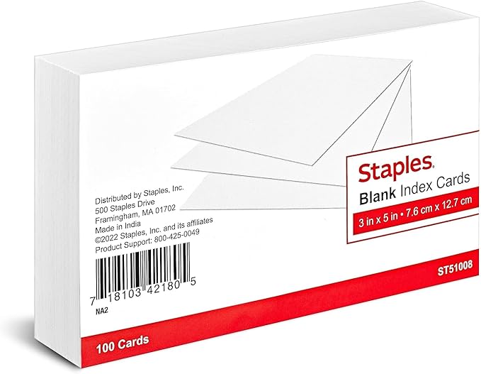 Staples Index Cards, 3" x 5", Blank, White, 300 Pack – Unruled Cards for Flashcards, Study Notes & Organization