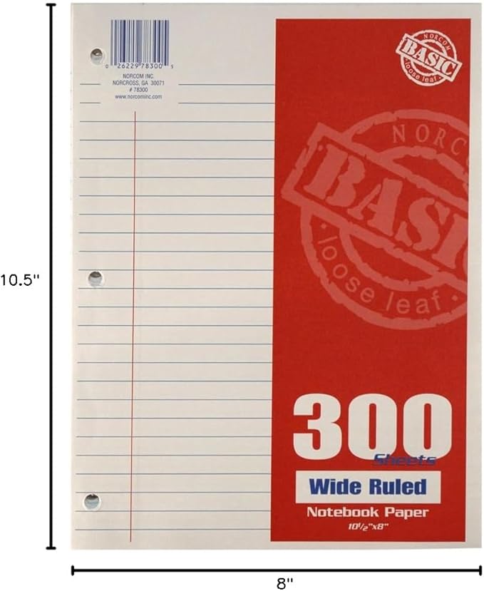 Norcom Wide Ruled Filler Paper, 10.5 x 8 Inches, 300 Sheets, White (78300-12)