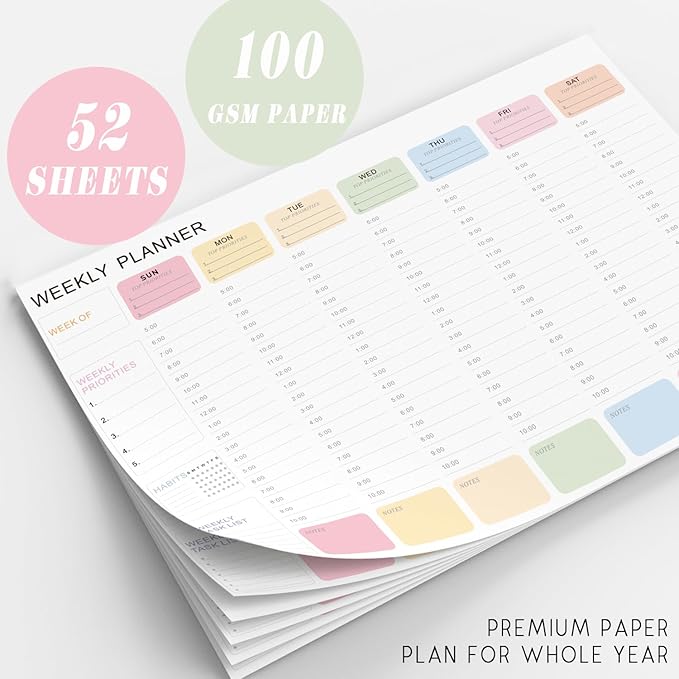 Undated Weekly Hourly Planner Notepad, Tear-Off ADHD Planner,Weekly Planner,Weekly Schedule Planner,Weekly To Do List Notepad(52 Sheets,8.5"x11",Macaron Color)