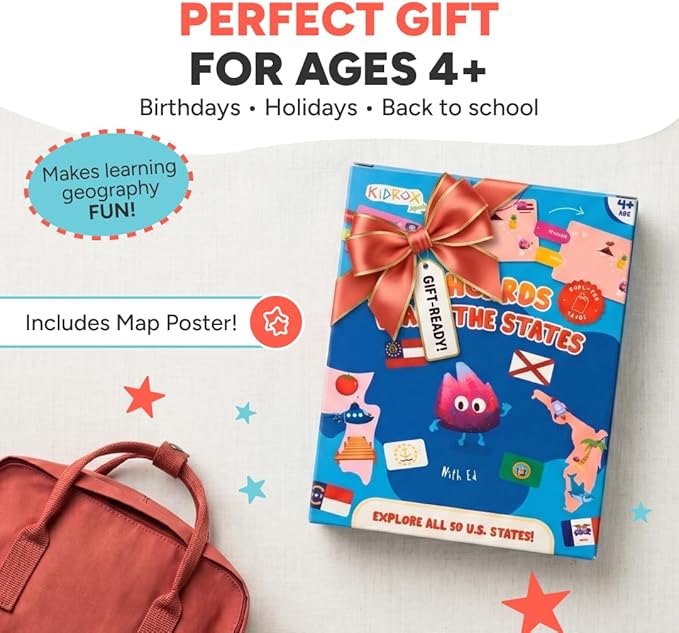 Kidrox Flashcards: Learn the 50 U.S. States – Pull-Tab Geography Game for Kids Ages 6+ | State Maps, Flags & Capitals | Includes U.S. Map Poster