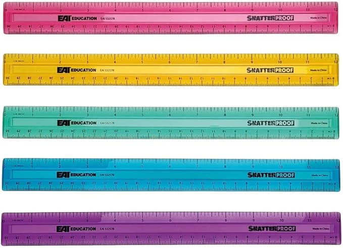 EAI Education 12" ShatterProof Ruler 1/8" Scale: Assorted Colors - Set of 100
