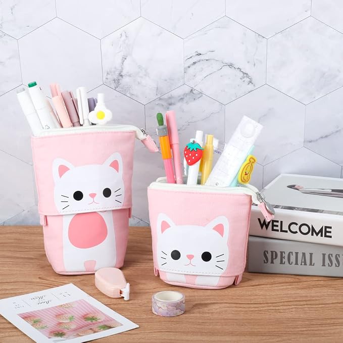 iSuperb Standing Pencil Pouch Pencil Case Cute Cat Telescopic with Zipper Canvas Kwaii Cartoon Pencil Bag Stationery Box for Kids Girls Boys School Supplies 7.5 x 4.9 x 3.0inch/4.1x 3.0inch