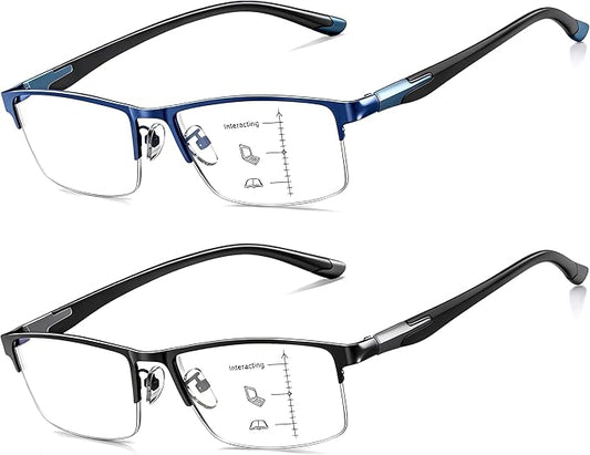 CARA Ultra Lightweight Progressive Multifocus Reading Glasses Men, Metal Frame Flexible TR90 Bi-color Temples with Blue Light/UV400 Protection Multifocal Computer Readers(Black+Blue, +1.50)