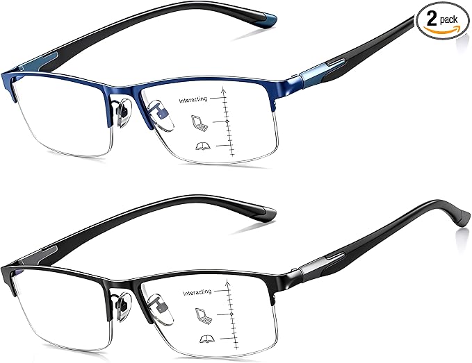 CARA Ultra Lightweight Progressive Multifocus Reading Glasses Men, Metal Frame Flexible TR90 Bi-color Temples with Blue Light/UV400 Protection Multifocal Computer Readers(Black+Blue, +2.25)