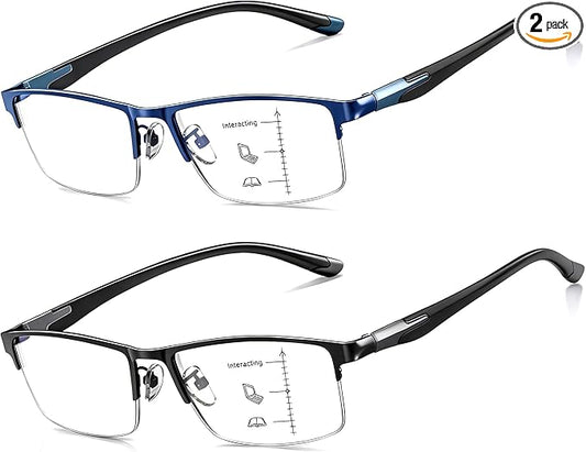 CARA Ultra Lightweight Progressive Multifocus Reading Glasses Men, Metal Frame Flexible TR90 Bi-color Temples with Blue Light/UV400 Protection Multifocal Computer Readers(Black+Blue, +2.25)