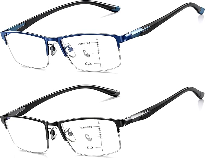 CARA Ultra Lightweight Progressive Multifocus Reading Glasses Men, Metal Frame Flexible TR90 Bi-color Temples with Blue Light/UV400 Protection Multifocal Computer Readers(Black+Blue, +1.75)