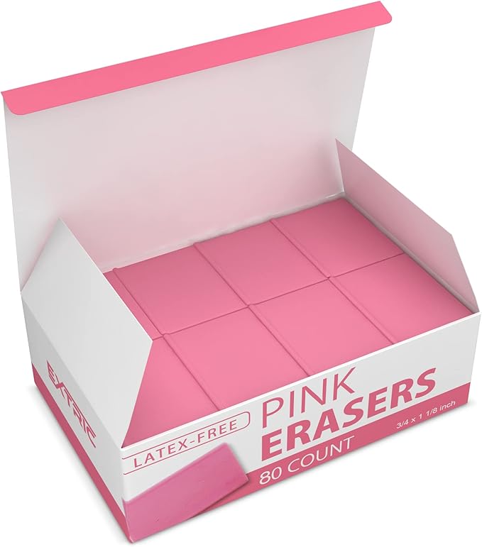 Pink Erasers, 80 Count, Latex Free Eraser for Kids, Square Eraser, Erasers Bulk for School Supplies, Art, and Office Use