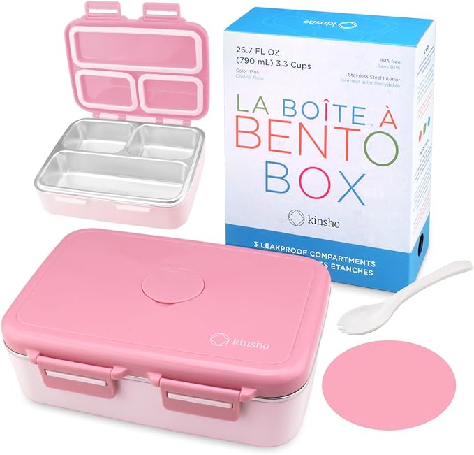kinsho Stainless Steel Bento Box Lunch Container for Kids Adults, Pink | Heavy Duty, Leakproof Silicone Seals, Eco Metal Removable Tray, Easy-Clean Design, for School or Work Meals, 26 Oz/790 mL
