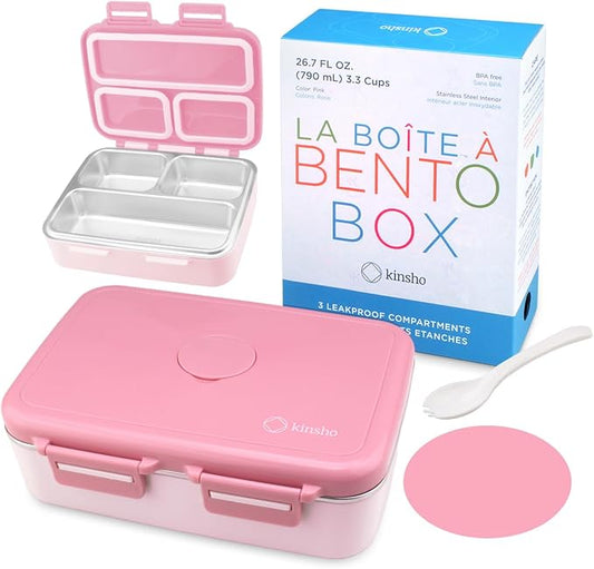 kinsho Stainless Steel Bento Box Lunch Container for Kids Adults, Pink | Heavy Duty, Leakproof Silicone Seals, Eco Metal Removable Tray, Easy-Clean Design, for School or Work Meals, 26 Oz/790 mL