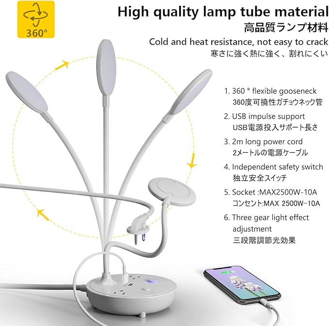 LED Desk Lamp with 2 USB Charging Ports and 2 AC Power Outlets - Adjustable Gooseneck Desk Light with 3 Level Brightness, Eye-Caring Small Table Lamp for Home Office, College Dorm Room Essentials