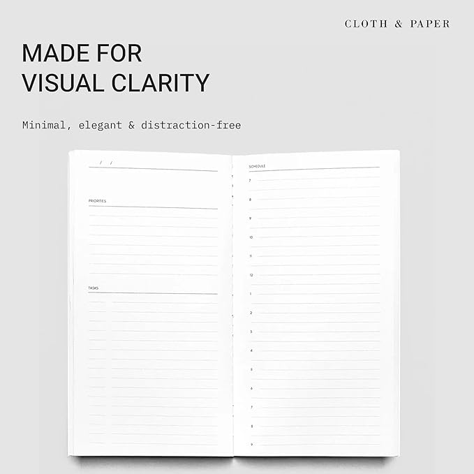 Cloth & Paper Travel Notebook | Undated Daily Planner – Leche | Pocket Plus Daily Planner 3.2" x 6" | Productivity Planner with Schedule, Priorities, Task Layout for Daily Planning – Soft Touch Cover