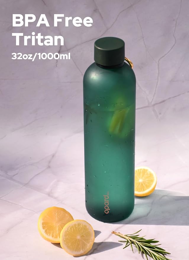 Opard Slim Water Bottle 32oz, Dishwasher Safe Plastic Water Bottle BPA-Free, Leakproof Screw Top, Forest Green, Reusable for Travel School Sport Gym Hiking