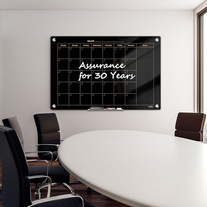 Glass Calendar Dry Erase Board for Wall, TANKEE 36x24 Inches Black Magnetic Glass Whiteboard, Large Monthly Calendar White Board for Office School Home Classroom Kitchen Wall