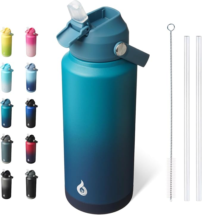 BJPKPK 32oz Insulated Water Bottle, Stainless Steel Bottle with Straw Lid | Soft Silicone Nozzle, Keep Cold & Hot, Leak-Proof BPA-Free Metal Bottle with Flex Handle for Travel, Gym & Everyday Hydration