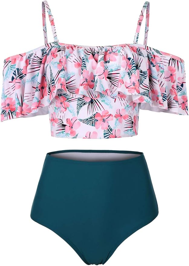 Kaei&Shi High Waisted Flounce Bikini Set,Tummy Control Swimsuits for Women,Off Shoulder
