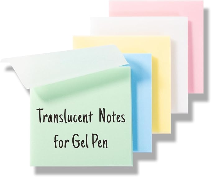 Gel Pen Friendly Colored Transparent Sticky Notes - Translucent Matte Pastel Pads for Study, 5 Bright Colors, 3x3 in, 5 Pads 250 Sheets, Quick Dry Smudge-Free