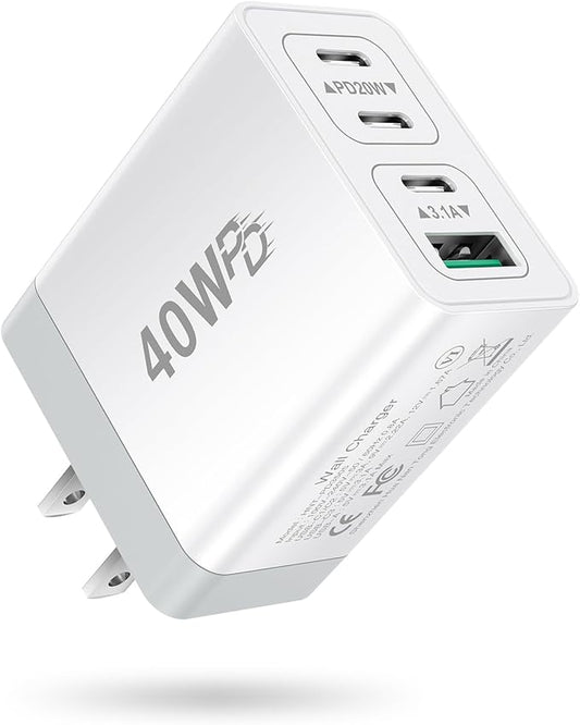 USB C Charger Block 40W Type C Fast Charging Blocks Multiport USB Wall Charger Plug Power Adapter Outlet Phone Accessories 4Port for iPhone 15 Pro Max XS, iPad, Samsung Tablet (White)