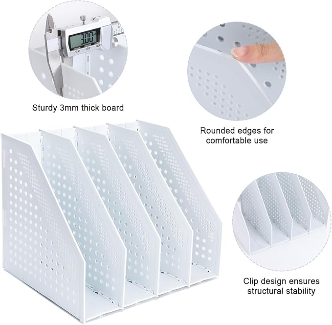 FRETONBA Collapsible Magazine File Holder with 4 Vertical Compartments Foldable Binder Holder for Desk Binder Storage Organizer Plastic Magazine Holders for Shelf, Light Gray