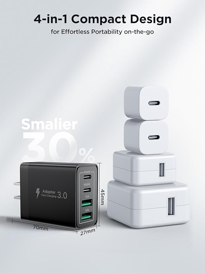 USB C Charger Block, 40W 4-Port Fast Charger 20W Type C Charging Block 3.1A USB Wall Charger Dual Port PD+QC Charging Cube for iPhone 16 15 14 13 12 Pro Max XS, iPad, Samsung Phone (Black 3Pack)