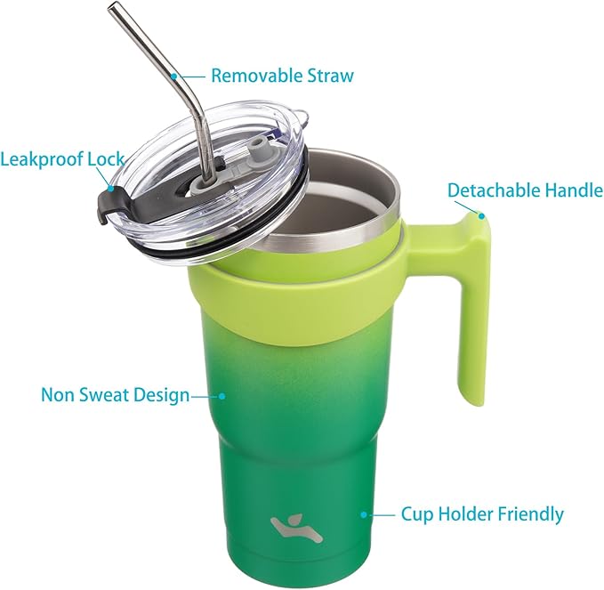 Konokyo 20 oz Tumbler with Handle and 2 Straw 2 Lid, Insulated Water Bottle Stainless Steel Vacuum Cup Reusable Travel Mug,Matcha Green