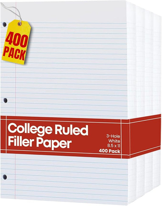 1InTheOffice Filler Paper College Ruled 8.5 x 11, 3-Hole Loose Leaf Binder Paper, Letter Size, (400/Pack)