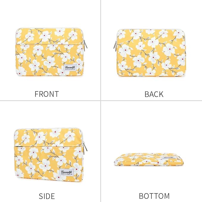 Canvaslife Yellow Flower Pattern Laptop Sleeve 14 inch Laptop Case Bag with Front Pocket - Waterproof Shockproof