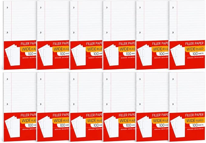 Notebook Paper Wide Ruled, Loose Leaf Paper Wide Ruled Notebook Paper Bulk, Lined Filler Paper for 3 Ring Binders - 10.5” X 8", for Student, College, School Classroom - 100 Sheets/Pack (12 Pack)