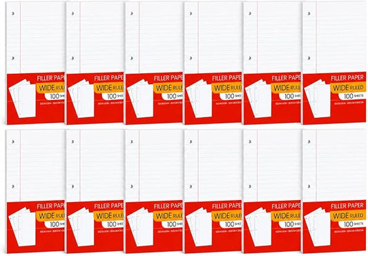 Notebook Paper Wide Ruled, Loose Leaf Paper Wide Ruled Notebook Paper Bulk, Lined Filler Paper for 3 Ring Binders - 10.5” X 8", for Student, College, School Classroom - 100 Sheets/Pack (12 Pack)