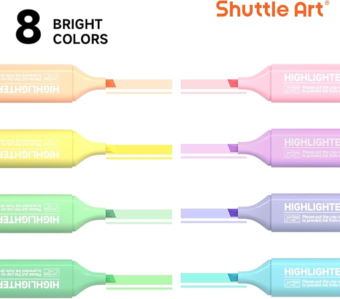 Shuttle Art 8 Pastel Highlighters, Assorted Macaron Colors Highlighter Pens, Chisel Tip Dry-Quickly Non-Toxic Highlighter Markers for Adults Teachers Students Highlighting in the Home School Office